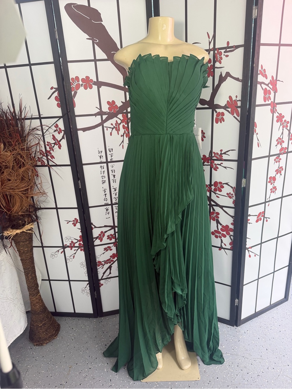 Strapless Forest Green Pleated Evening Gown